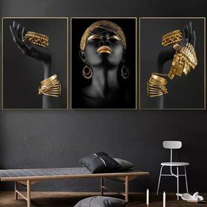3 pc African Woman golden jewelry living room poster print no frame stunning!